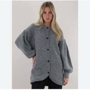 Meimeij Alpaca Mohair Cardigan Sweater Medium Ribbed Tunic Bubble Sleeve Gray